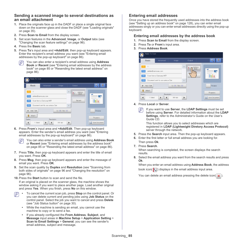 Entering email addresses | Samsung SCX-8240NA-CAS User Manual | Page 85 / 265