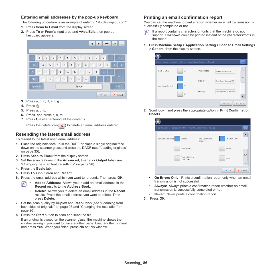 Resending the latest email address, Printing an email confirmation report, Entering email | Resending the latest email address" on, Entering | Samsung SCX-8240NA-CAS User Manual | Page 86 / 265