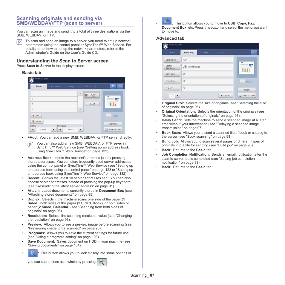 Understanding the scan to server screen, Server), Scanning | Smb (see "scanning originals and sending via, Scanning originals and sending via | Samsung SCX-8240NA-CAS User Manual | Page 87 / 265