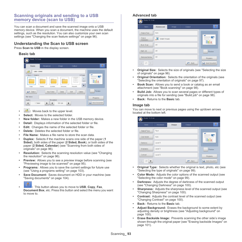 Understanding the scan to usb screen, Usb), Scanning originals and sending to | Samsung SCX-8240NA-CAS User Manual | Page 93 / 265