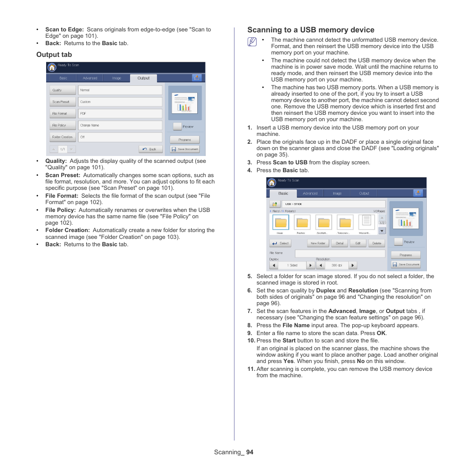 Scanning to a usb memory device | Samsung SCX-8240NA-CAS User Manual | Page 94 / 265