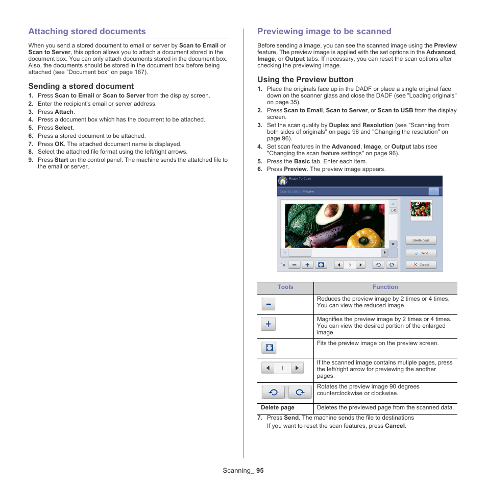 Attaching stored documents, Sending a stored document, Previewing image to be scanned | Using the preview button, 95 attaching stored documents, 95 previewing image to be scanned | Samsung SCX-8240NA-CAS User Manual | Page 95 / 265