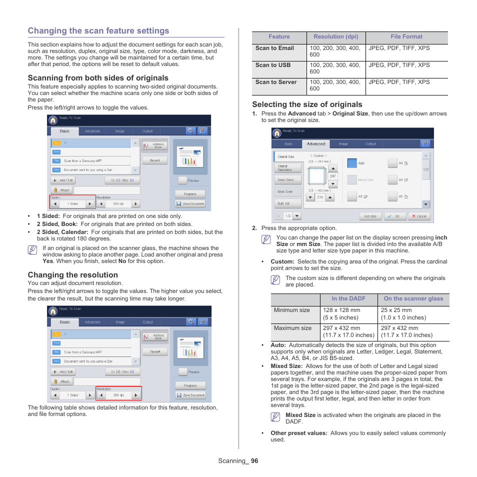 Changing the scan feature settings, Scanning from both sides of originals, Changing the resolution | Selecting the size of originals, 96 changing the scan feature settings, See "scanning from both sides of, Changing the, Selecting the size, Ee "scanning from, Nd "changing the resolution" on | Samsung SCX-8240NA-CAS User Manual | Page 96 / 265
