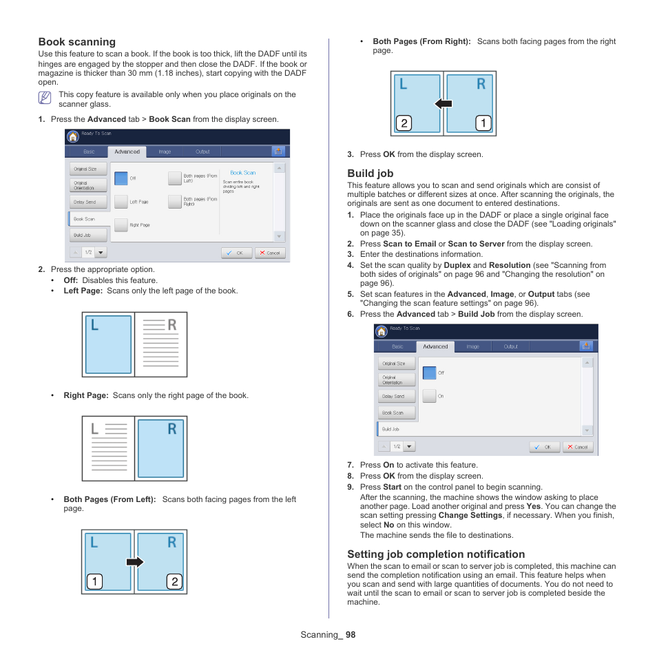 Book scanning, Build job, Setting job completion notification | Setting job completion, See "setting job completion | Samsung SCX-8240NA-CAS User Manual | Page 98 / 265