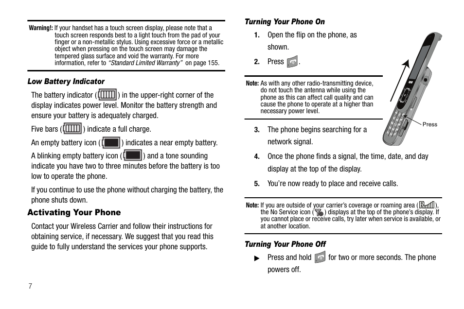 Low battery indicator, Activating your phone, Turning your phone on | Turning your phone off | Samsung SCH-R520LBAXAR User Manual | Page 10 / 169