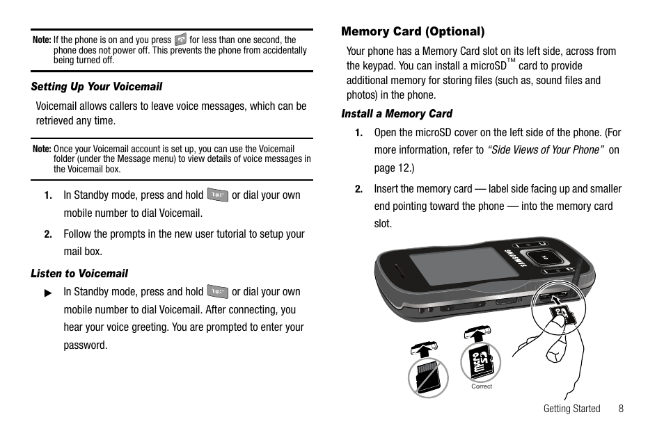 Setting up your voicemail, Listen to voicemail, Memory card (optional) | Install a memory card | Samsung SCH-R520LBAXAR User Manual | Page 11 / 169