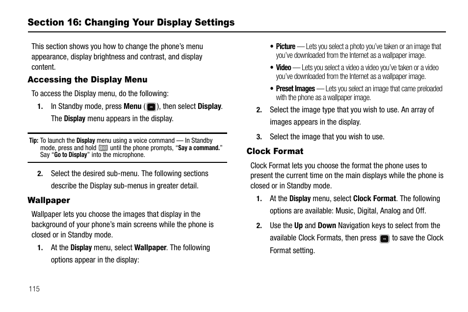 Section 16: changing your display settings, Accessing the display menu, Wallpaper | Clock format, Accessing the display menu wallpaper clock format | Samsung SCH-R520LBAXAR User Manual | Page 118 / 169