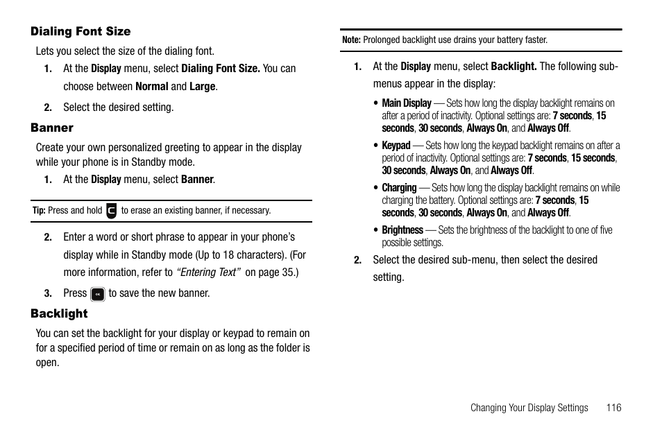 Dialing font size, Banner, Backlight | Dialing font size banner backlight | Samsung SCH-R520LBAXAR User Manual | Page 119 / 169