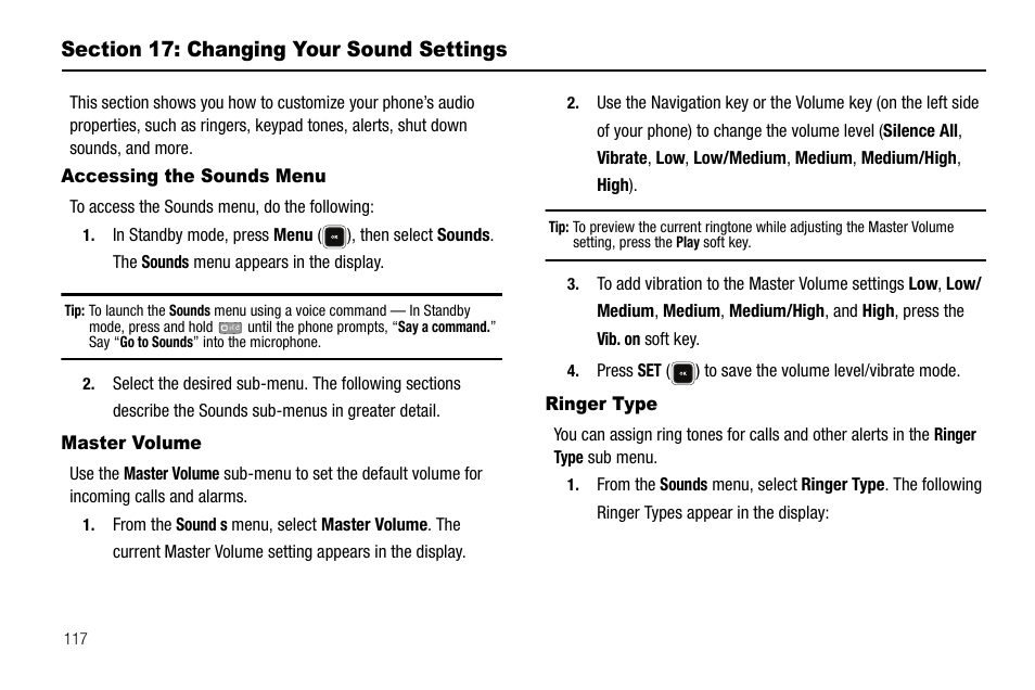 Section 17: changing your sound settings, Accessing the sounds menu, Master volume | Ringer type | Samsung SCH-R520LBAXAR User Manual | Page 120 / 169