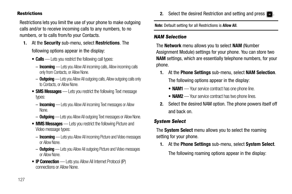 Restrictions, Nam selection, System select | Samsung SCH-R520LBAXAR User Manual | Page 130 / 169
