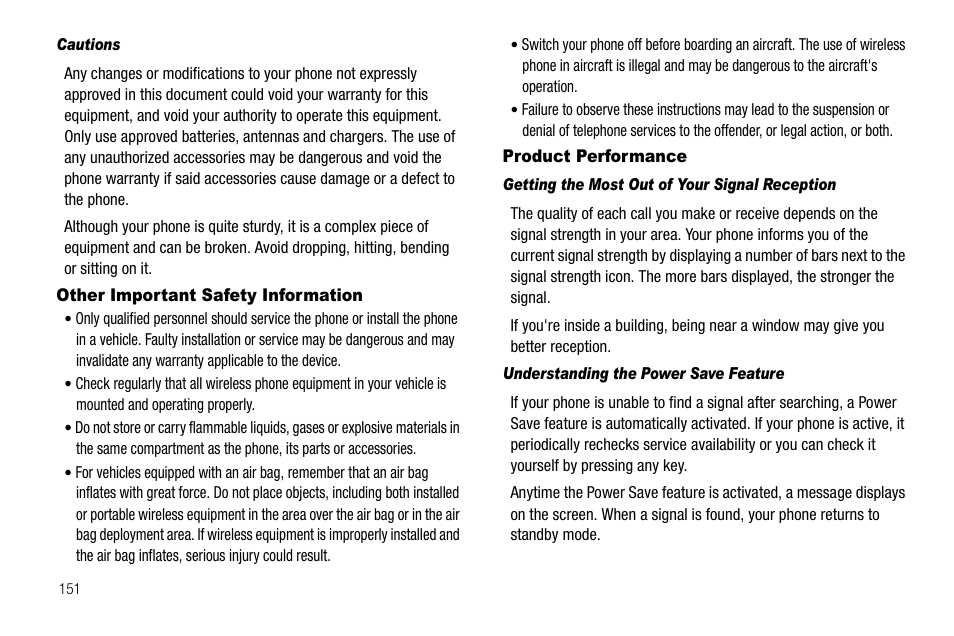 Cautions, Other important safety information, Product performance | Getting the most out of your signal reception, Understanding the power save feature | Samsung SCH-R520LBAXAR User Manual | Page 154 / 169