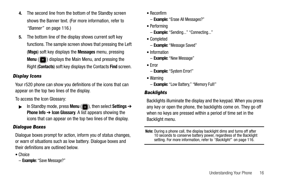 Display icons, Dialogue boxes, Backlights | More information, refer | Samsung SCH-R520LBAXAR User Manual | Page 19 / 169