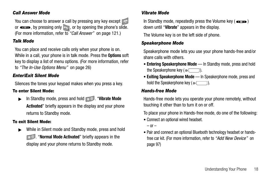 Call answer mode, Talk mode, Enter/exit silent mode | To enter silent mode, To exit silent mode, Vibrate mode, Speakerphone mode, Hands-free mode | Samsung SCH-R520LBAXAR User Manual | Page 21 / 169