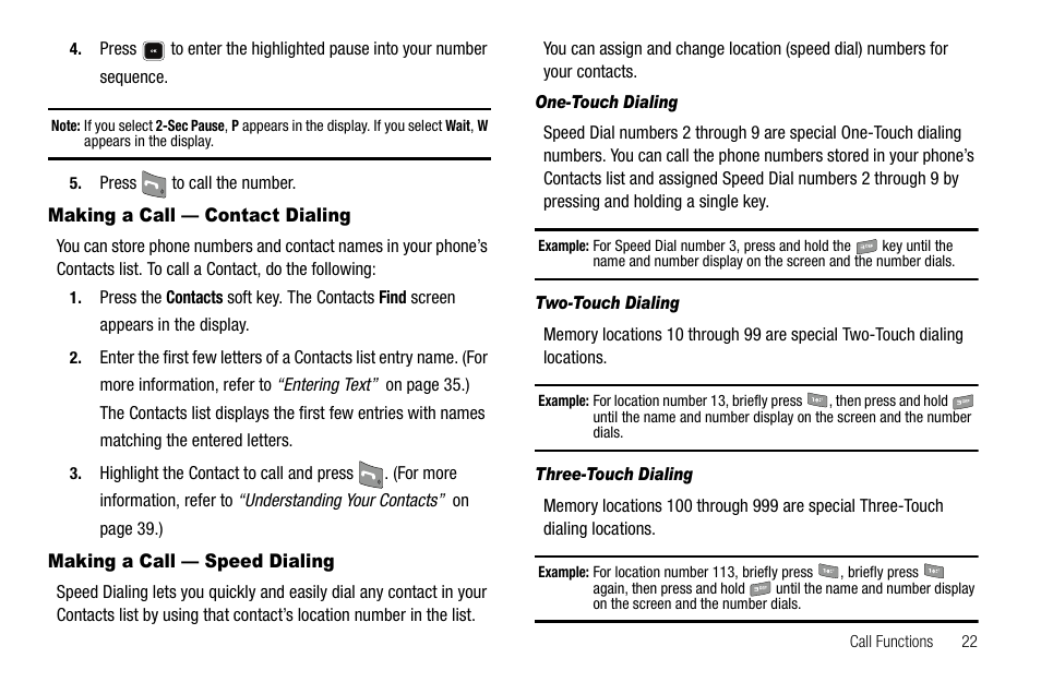 Making a call — contact dialing, Making a call — speed dialing, One-touch dialing | Two-touch dialing, Three-touch dialing | Samsung SCH-R520LBAXAR User Manual | Page 25 / 169