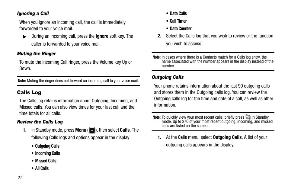 Ignoring a call, Muting the ringer, Calls log | Review the calls log, Outgoing calls | Samsung SCH-R520LBAXAR User Manual | Page 30 / 169