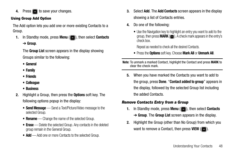 Using group add option, Remove contacts entry from a group | Samsung SCH-R520LBAXAR User Manual | Page 51 / 169