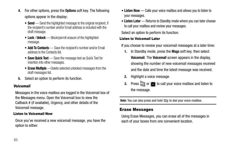 Voicemail, Listen to voicemail now, Listen to voicemail later | Erase messages | Samsung SCH-R520LBAXAR User Manual | Page 66 / 169