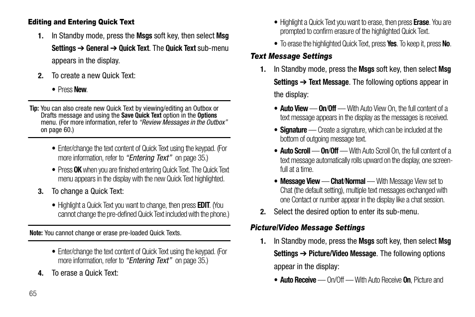 Editing and entering quick text, Text message settings, Picture/video message settings | Samsung SCH-R520LBAXAR User Manual | Page 68 / 169