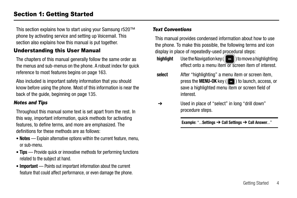 Section 1: getting started, Understanding this user manual, Notes and tips | Text conventions | Samsung SCH-R520LBAXAR User Manual | Page 7 / 169