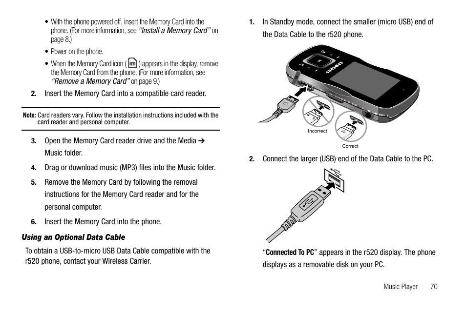 Using an optional data cable | Samsung SCH-R520LBAXAR User Manual | Page 73 / 169