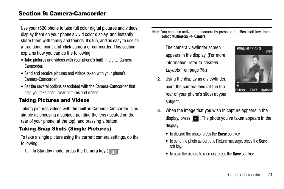 Section 9: camera-camcorder, Taking pictures and videos, Taking snap shots (single pictures) | Ns. (for more information | Samsung SCH-R520LBAXAR User Manual | Page 77 / 169