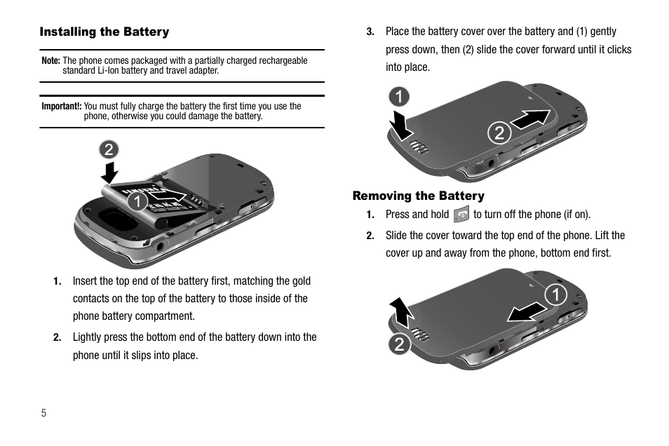 Installing the battery, Removing the battery, Installing the battery removing the battery | Samsung SCH-R520LBAXAR User Manual | Page 8 / 169