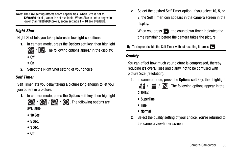 Night shot, Self timer, Quality | E quality, Deo quality | Samsung SCH-R520LBAXAR User Manual | Page 83 / 169