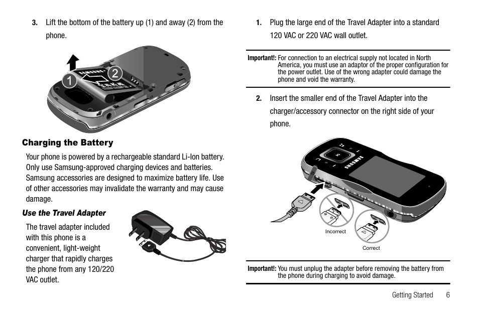 Charging the battery, Use the travel adapter | Samsung SCH-R520LBAXAR User Manual | Page 9 / 169