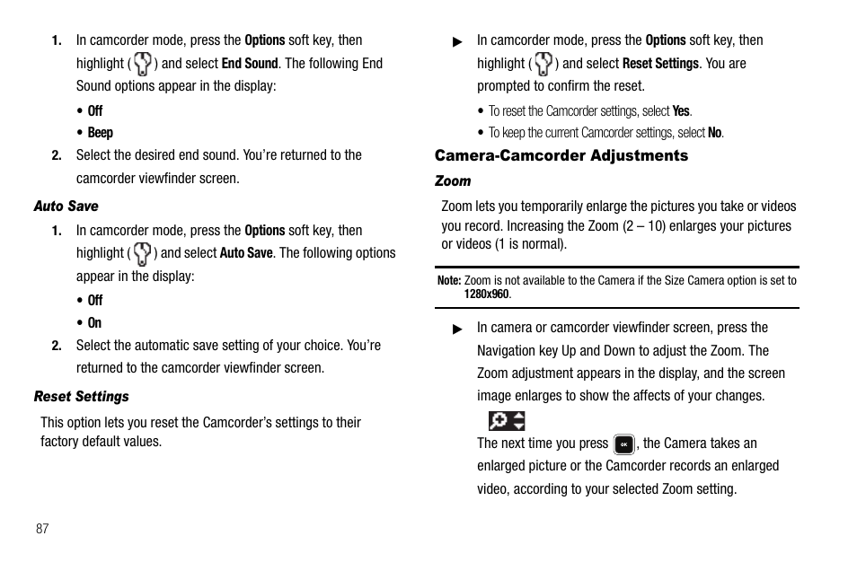 Auto save, Reset settings, Camera-camcorder adjustments | Zoom | Samsung SCH-R520LBAXAR User Manual | Page 90 / 169