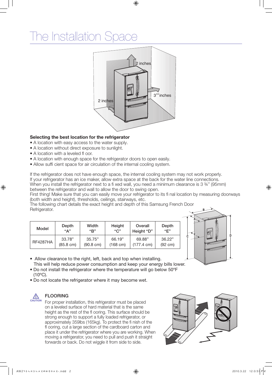 The installation space | Samsung RF4287HABP-XAA User Manual | Page 2 / 7