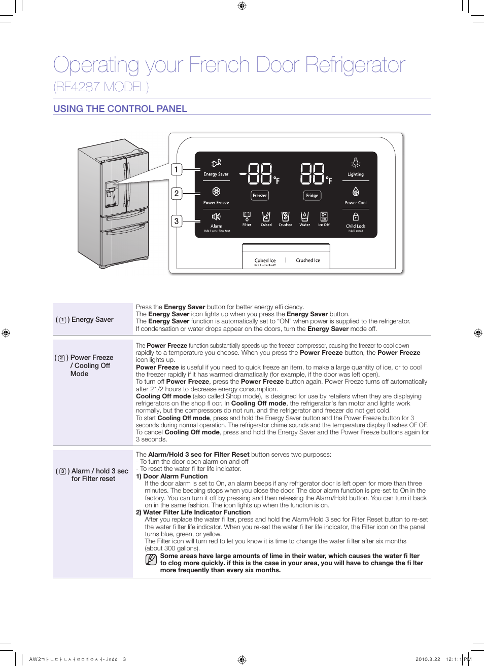 Operating your french door refrigerator, Rf4287 model), Using the control panel | Samsung RF4287HABP-XAA User Manual | Page 3 / 7