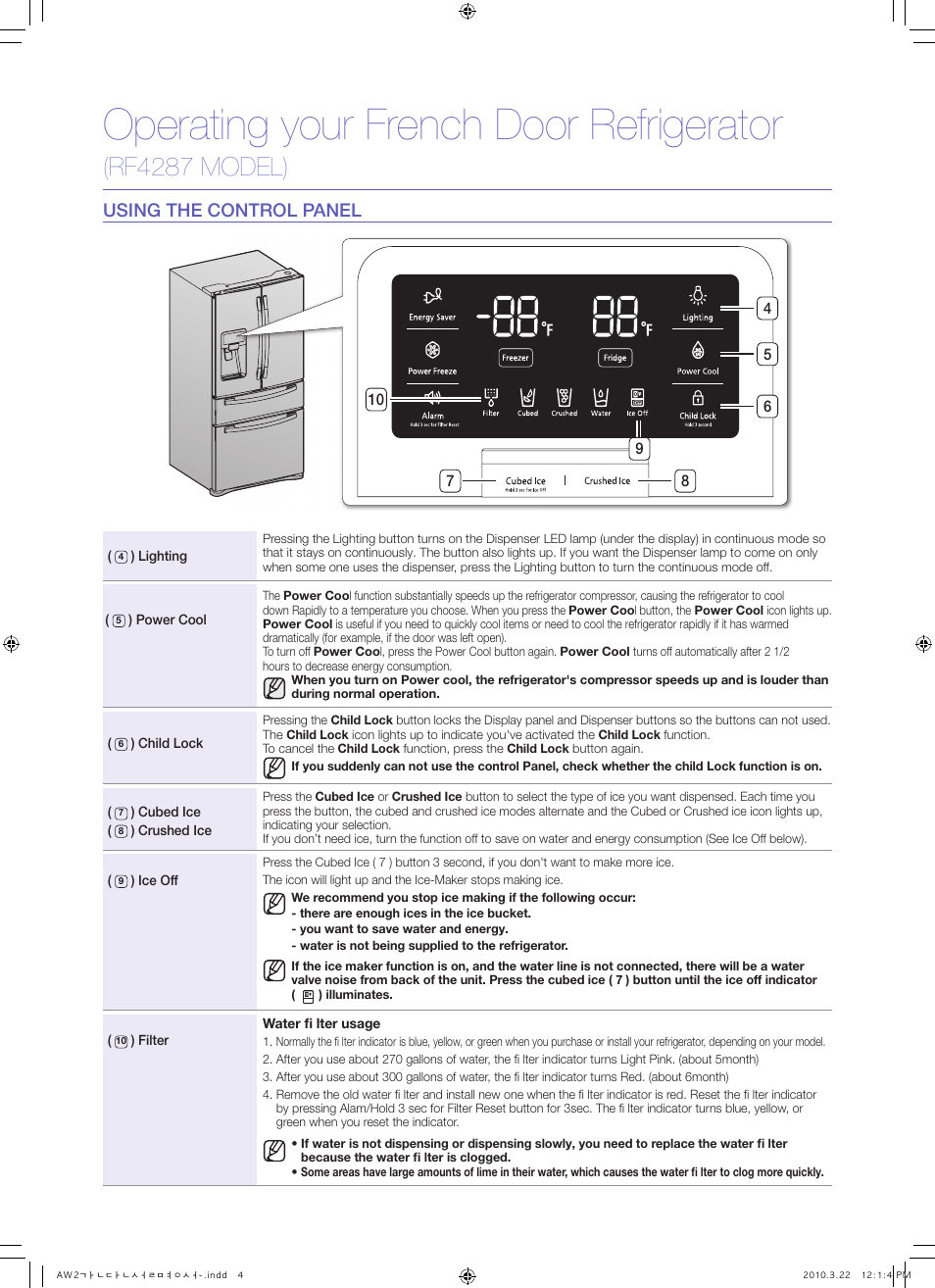 Operating your french door refrigerator, Rf4287 model), Using the control panel | Samsung RF4287HABP-XAA User Manual | Page 4 / 7