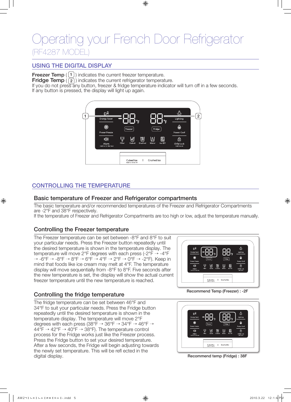 Operating your french door refrigerator, Rf4287 model) | Samsung RF4287HABP-XAA User Manual | Page 5 / 7