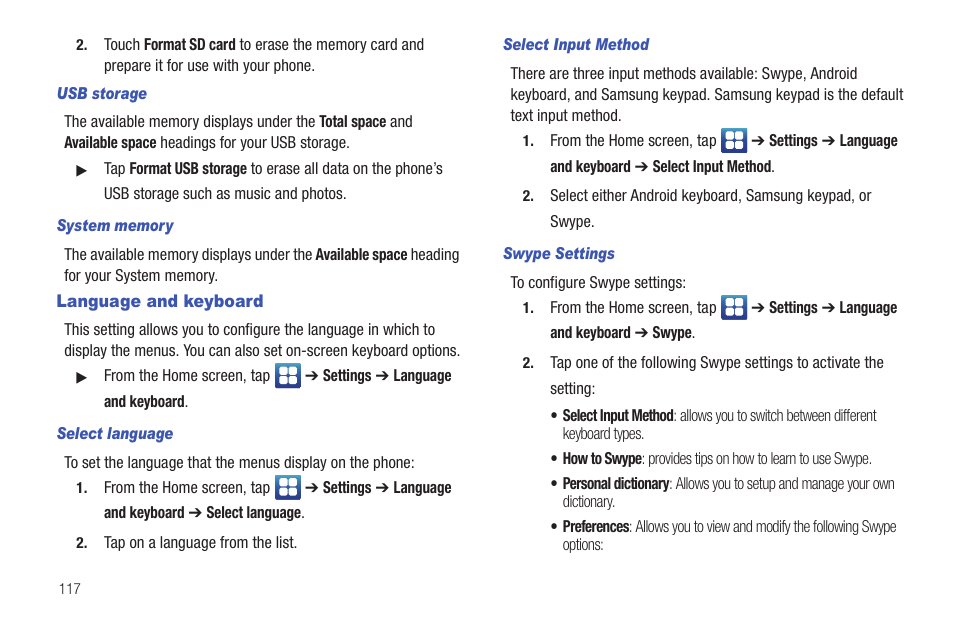 Language and keyboard | Samsung SEG-I717RWAATT User Manual | Page 122 / 223