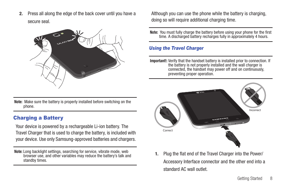 Charging a battery | Samsung SEG-I717RWAATT User Manual | Page 13 / 223