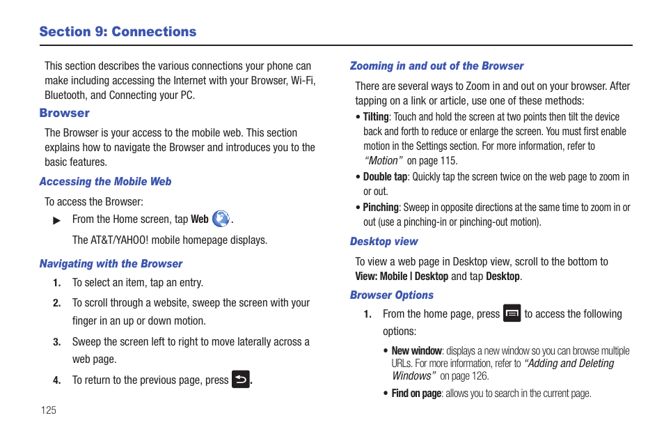 Section 9: connections, Browser, Internet. for more information, refer to | Samsung SEG-I717RWAATT User Manual | Page 130 / 223