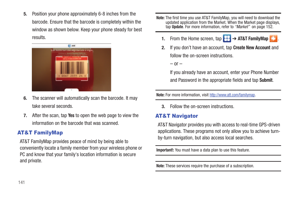 At&t familymap, At&t navigator, At&t familymap at&t navigator | Samsung SEG-I717RWAATT User Manual | Page 146 / 223