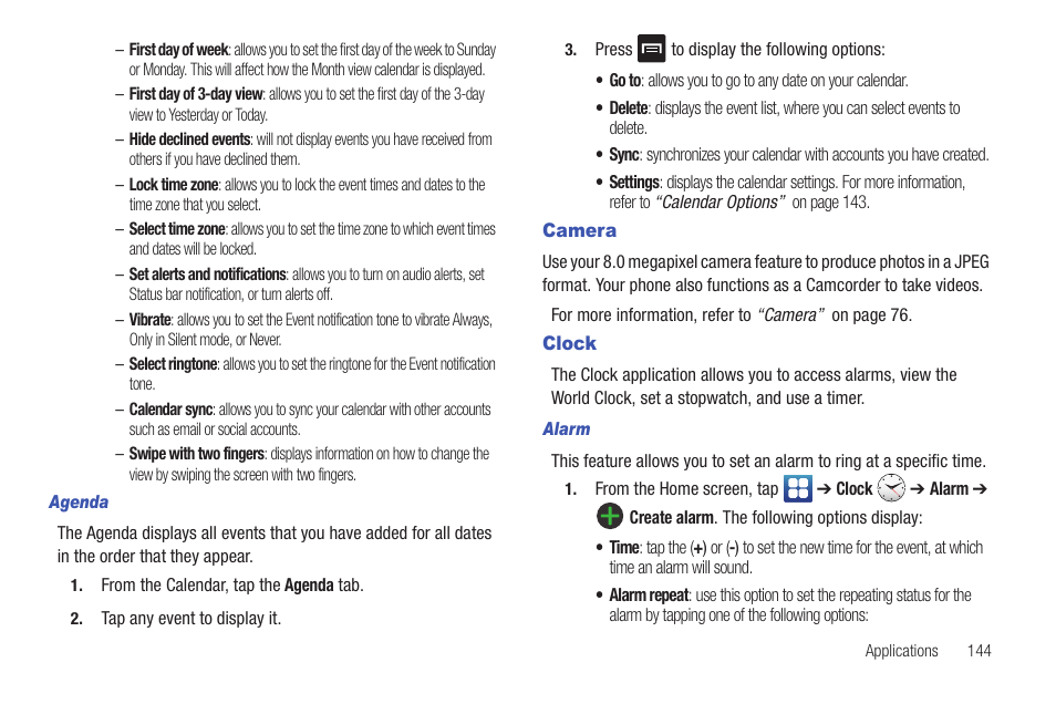 Camera, Clock, Camera clock | Samsung SEG-I717RWAATT User Manual | Page 149 / 223