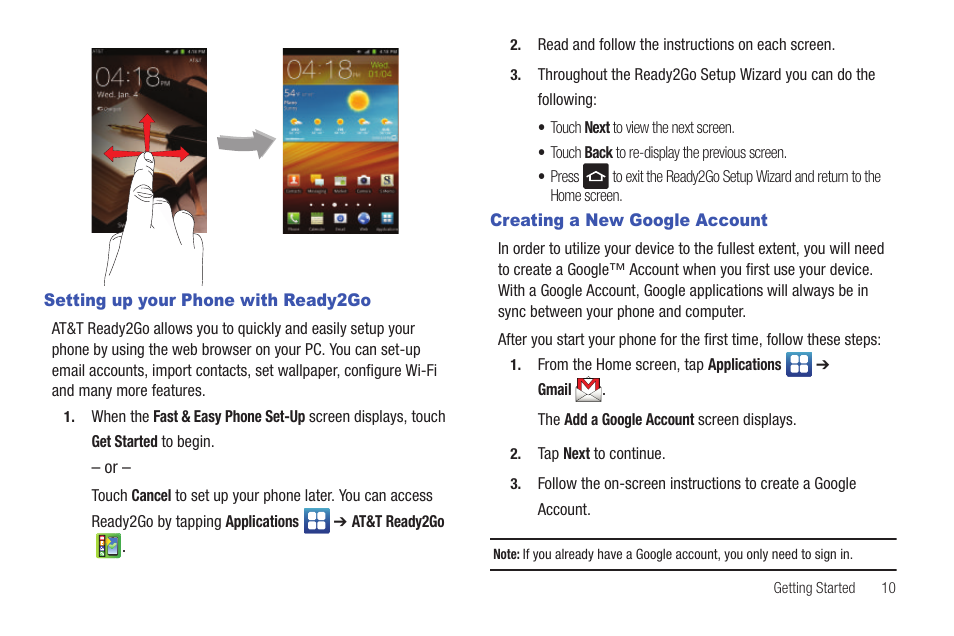 Setting up your phone with ready2go, Creating a new google account | Samsung SEG-I717RWAATT User Manual | Page 15 / 223