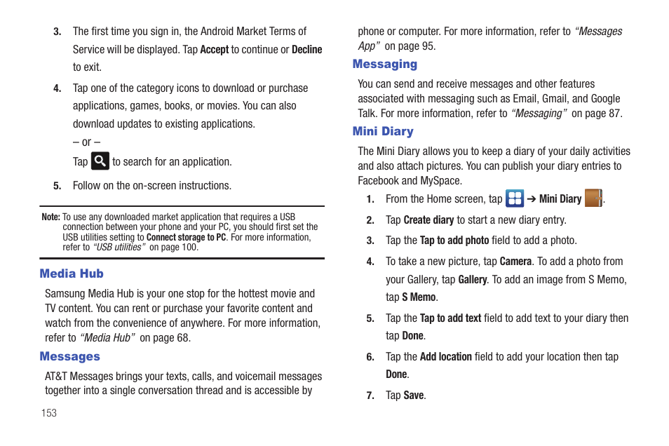 Media hub, Messages, Messaging | Mini diary, Media hub messages messaging mini diary | Samsung SEG-I717RWAATT User Manual | Page 158 / 223