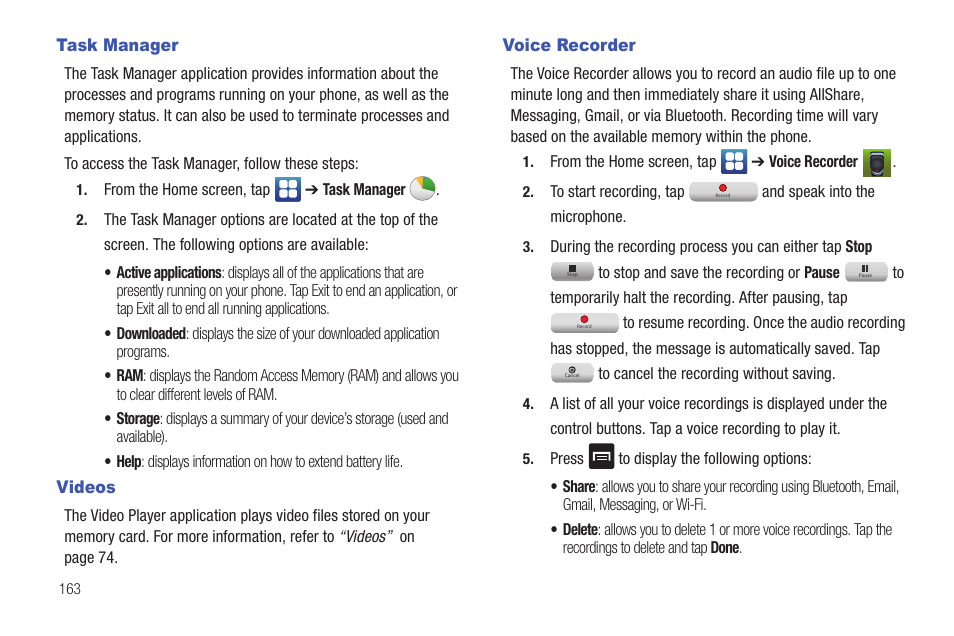 Task manager, Videos, Voice recorder | Task manager videos voice recorder | Samsung SEG-I717RWAATT User Manual | Page 168 / 223