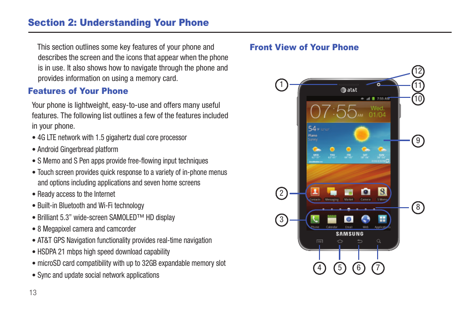 Section 2: understanding your phone, Features of your phone, Front view of your phone | Features of your phone front view of your phone | Samsung SEG-I717RWAATT User Manual | Page 18 / 223