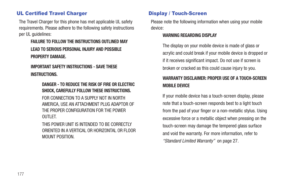 Ul certified travel charger, Display / touch-screen, Ul certified travel charger display / touch-screen | Samsung SEG-I717RWAATT User Manual | Page 182 / 223
