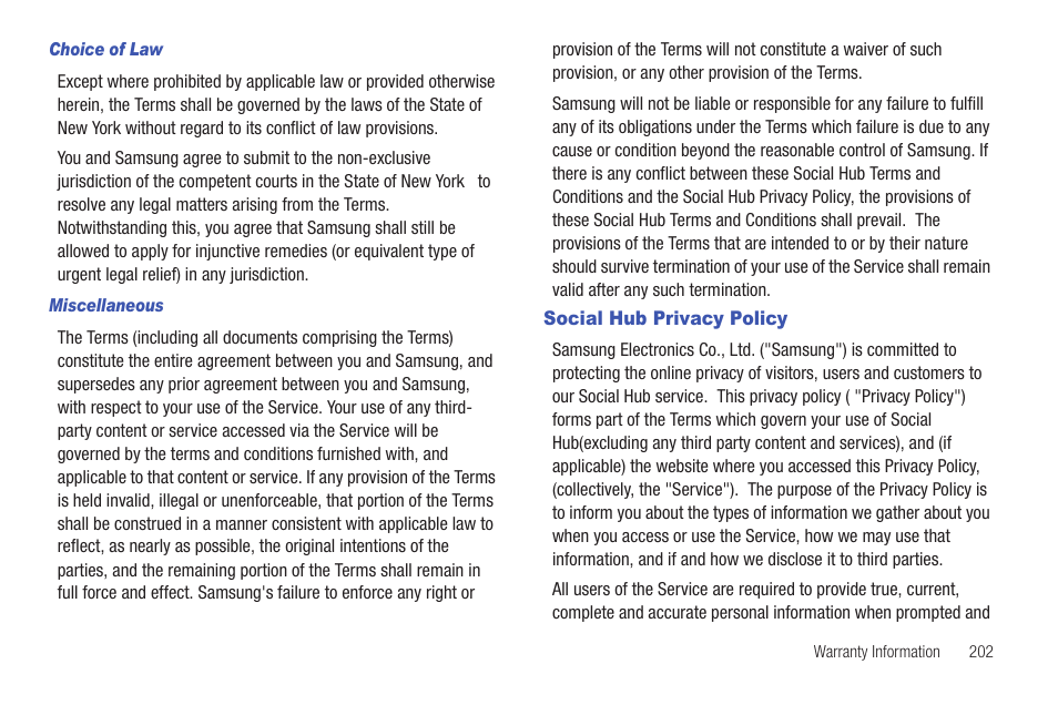 Social hub privacy policy | Samsung SEG-I717RWAATT User Manual | Page 207 / 223