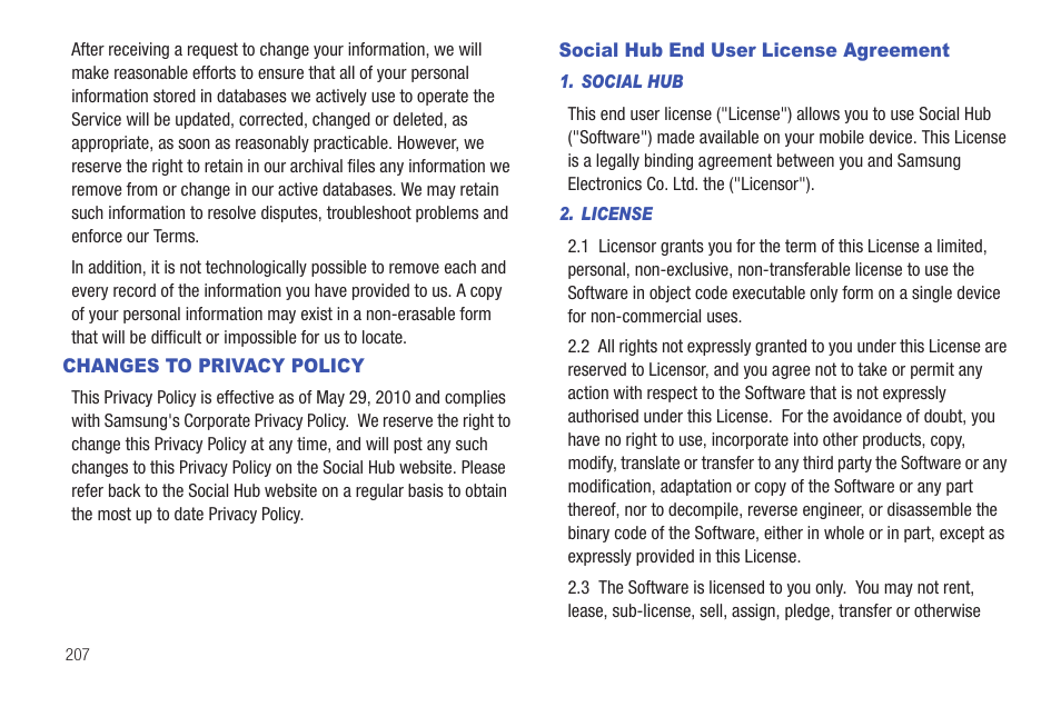 Changes to privacy policy, Social hub end user license agreement | Samsung SEG-I717RWAATT User Manual | Page 212 / 223