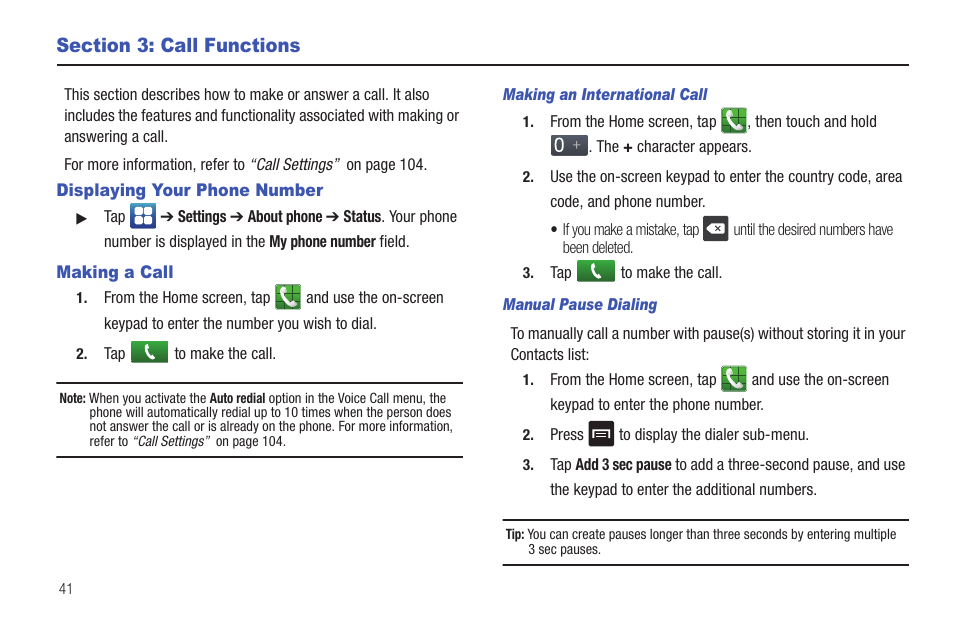 Section 3: call functions, Displaying your phone number, Making a call | Displaying your phone number making a call, For more information, refer to | Samsung SEG-I717RWAATT User Manual | Page 46 / 223