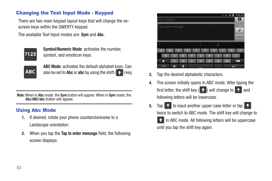 Changing the text input mode - keypad, Using abc mode | Samsung SEG-I717RWAATT User Manual | Page 58 / 223
