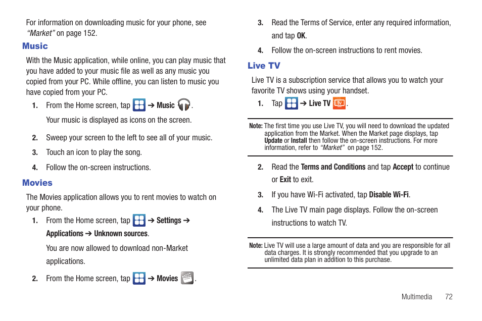 Music, Movies, Live tv | Music movies live tv | Samsung SEG-I717RWAATT User Manual | Page 77 / 223