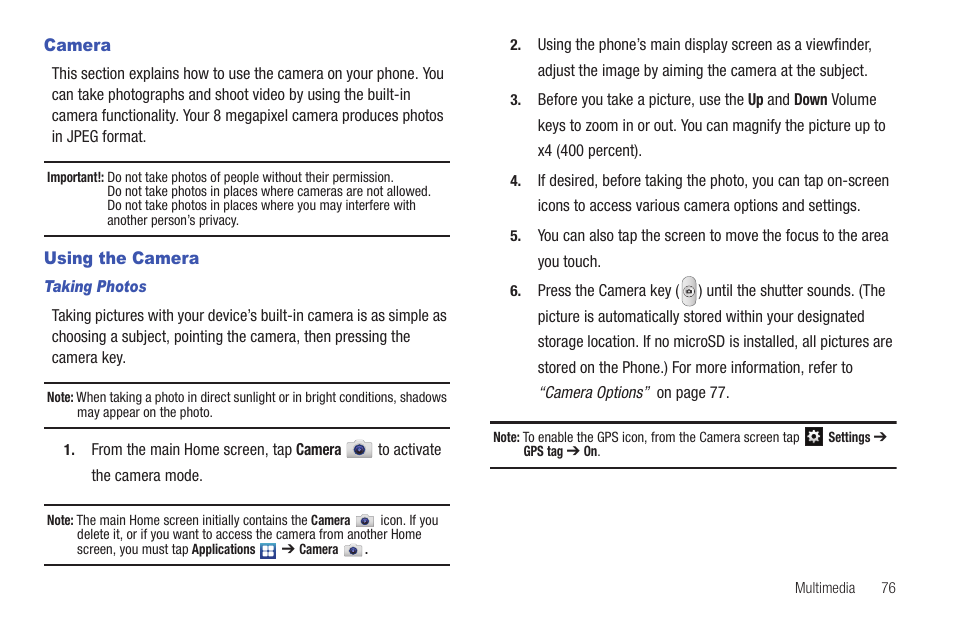 Camera, Using the camera, Camera using the camera | Samsung SEG-I717RWAATT User Manual | Page 81 / 223