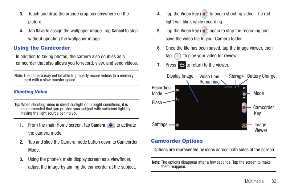 Using the camcorder, Camcorder options, Using the camcorder camcorder options | Samsung SEG-I717RWAATT User Manual | Page 87 / 223